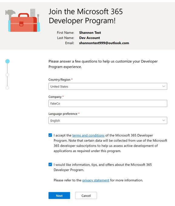 Screenshot of the M365 Developer Program sign up interface.