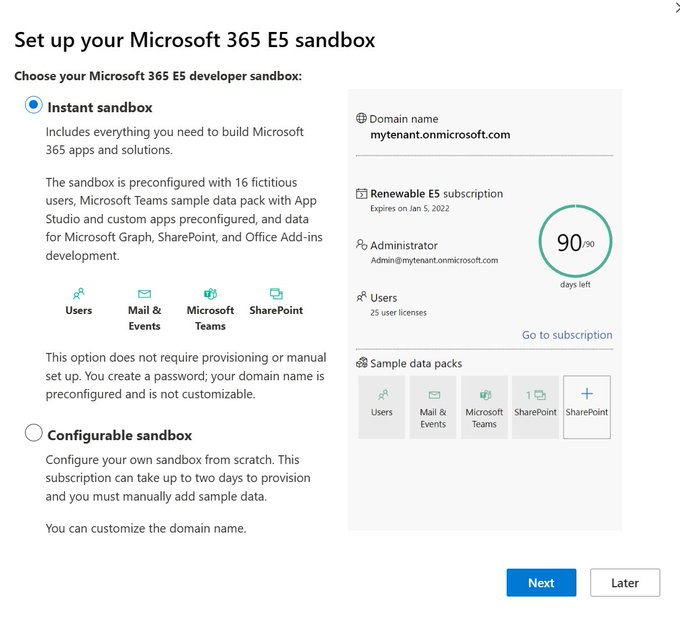 Screenshot of the M365 sandbox setup. User needs to select the first option, which is a configurable sandbox.