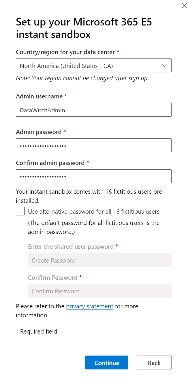 Screenshot of the text inputs for the Microsoft 365 E5 Sandbox setup, requiring region input, Admin username, and Admin password.