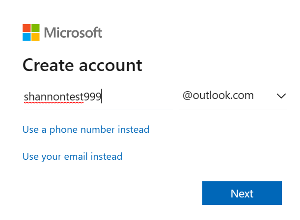 Screenshot of Microsoft's interface to create an account. Users need to add a unique username to the input.