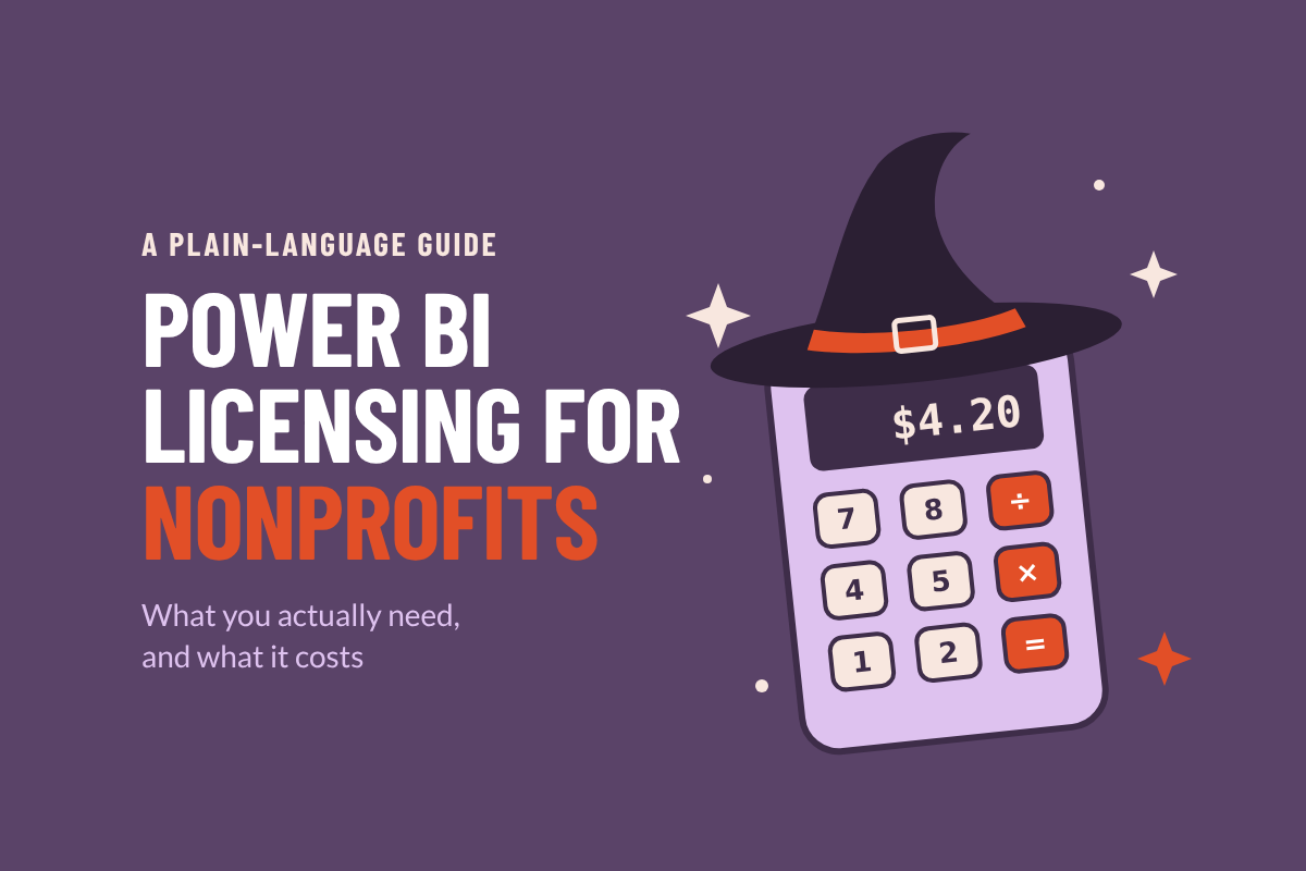 Illustration of a calculator wearing a witch hat next to the title Power BI Licensing for Nonprofits